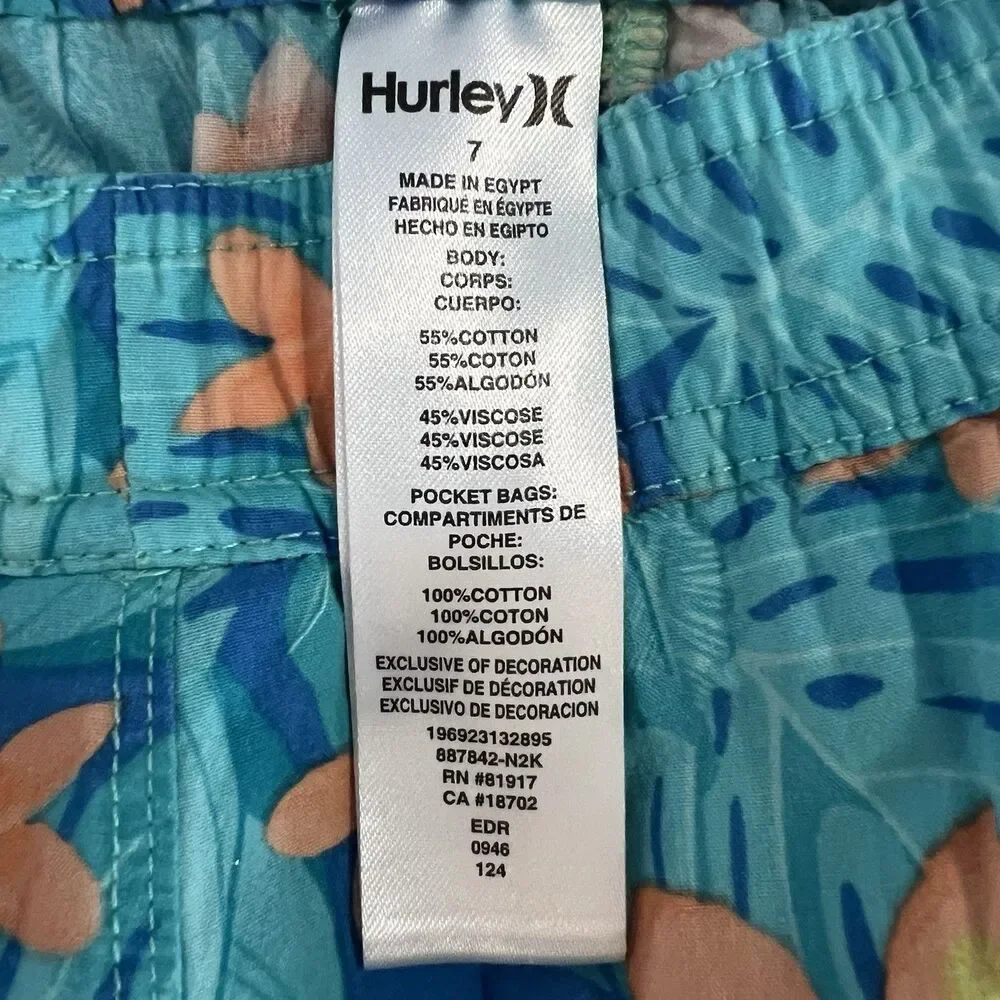 Hurley Boys swim Trunks, Blue With Teal Foliage And Orange‎ Florals, Size 7